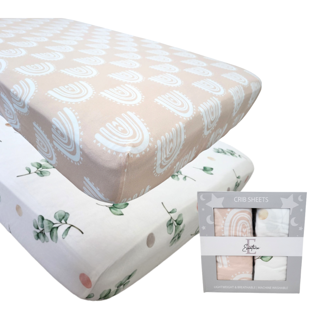 Evinture Fitted Crib Sheets | 100% Jersey Cotton 2-Pack | 150 GSM | 28" x 52" x 8" | Ultra Soft Baby Crib Sheets for Crib Mattress (Ecalyptus & Rainbow)